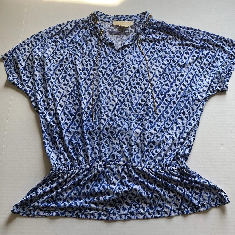 Michael Kors Blue Print Gold Chain Detail Dolman Sleeve Top Sz PM A274